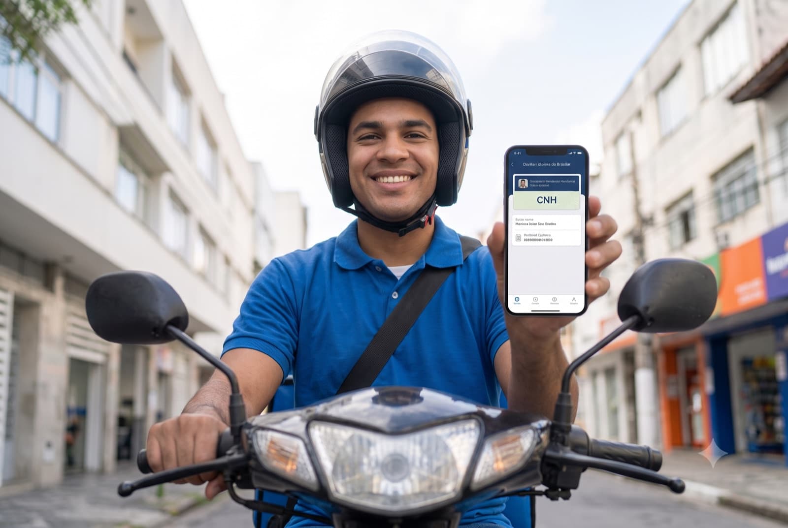 Motociclista mostrando a CNH digital no aplicativo
